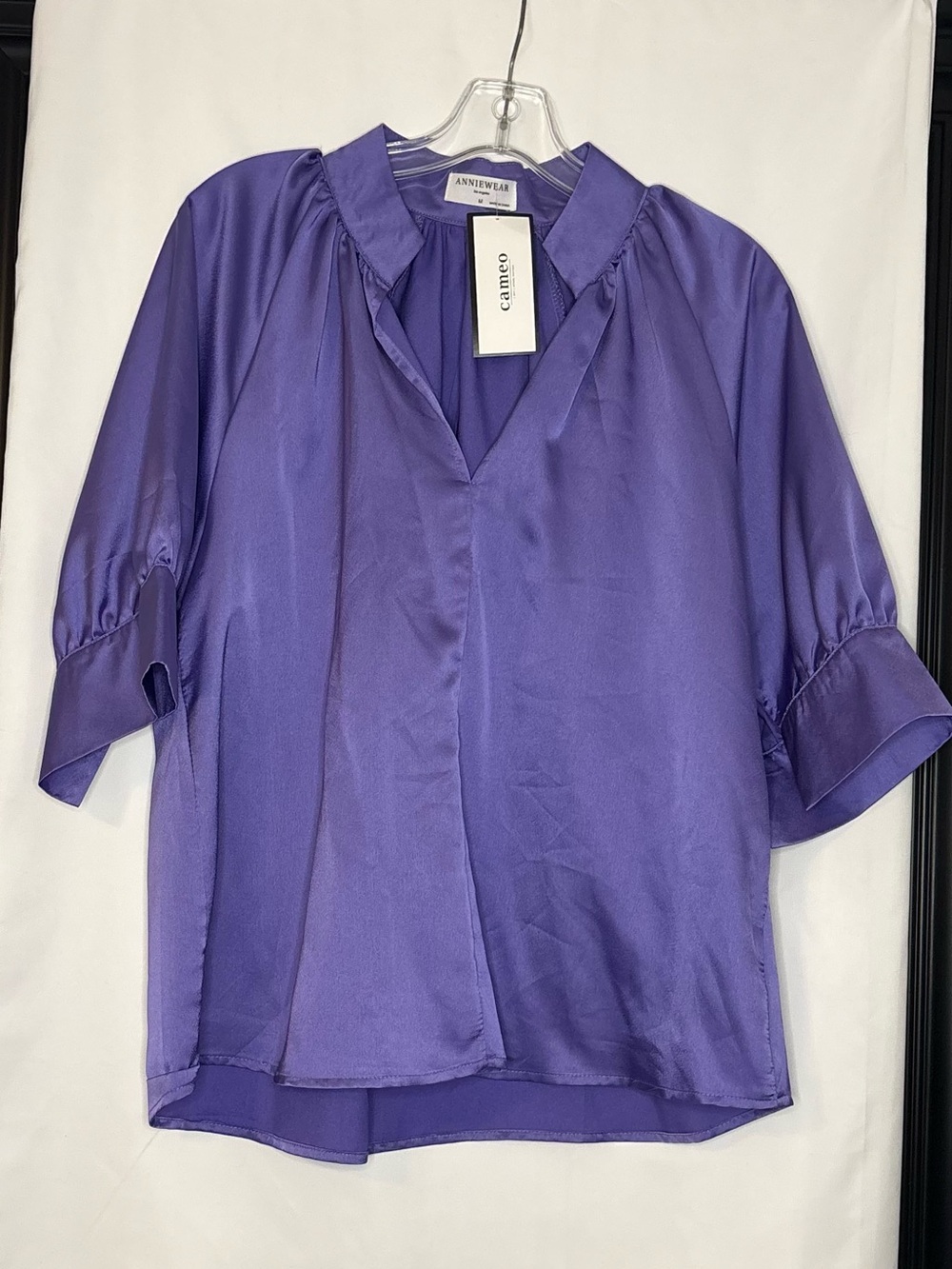 Annie Violet Satin V-Neck Short Sleeve Blouse